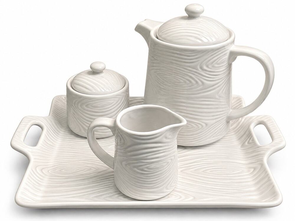 Temp-tations Woodland White 4-Piece Tray Set Teapot Creamer Sugar Bowl NEW